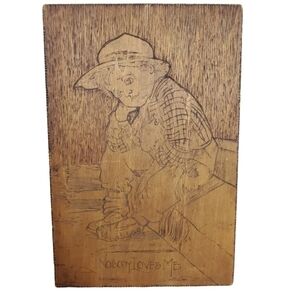 VTG pyrography Wood Little boy "Nobody loves me" hand burned farmboy farmhouse